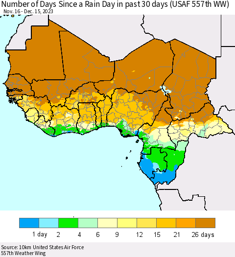 Western Africa Number of Days Since a Rain Day in past 30 days (USAF 557th WW) Thematic Map For 12/11/2023 - 12/15/2023
