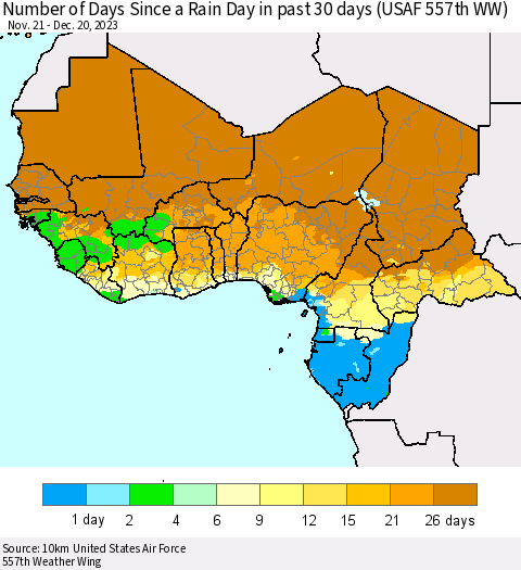 Western Africa Number of Days Since a Rain Day in past 30 days (USAF 557th WW) Thematic Map For 12/16/2023 - 12/20/2023