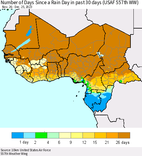 Western Africa Number of Days Since a Rain Day in past 30 days (USAF 557th WW) Thematic Map For 12/21/2023 - 12/25/2023