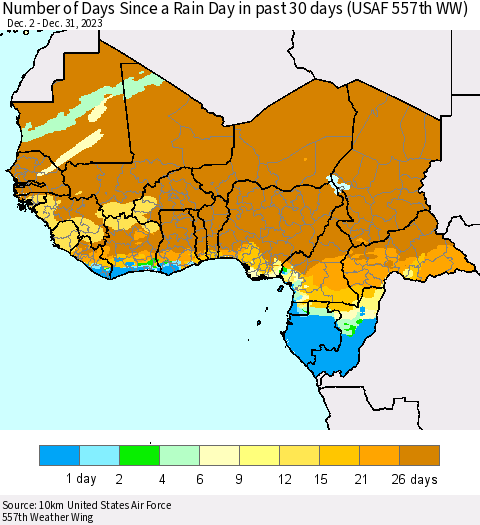Western Africa Number of Days Since a Rain Day in past 30 days (USAF 557th WW) Thematic Map For 12/26/2023 - 12/31/2023