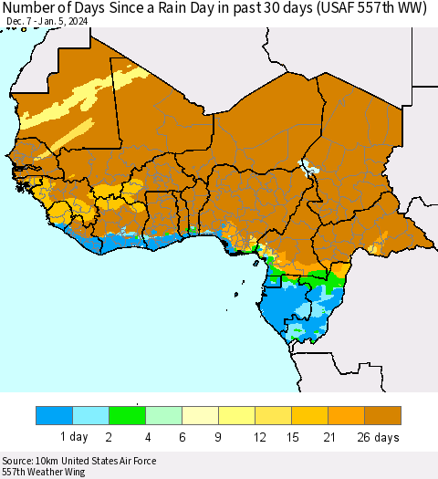 Western Africa Number of Days Since a Rain Day in past 30 days (USAF 557th WW) Thematic Map For 1/1/2024 - 1/5/2024