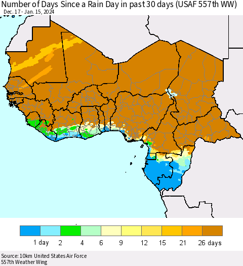 Western Africa Number of Days Since a Rain Day in past 30 days (USAF 557th WW) Thematic Map For 1/11/2024 - 1/15/2024