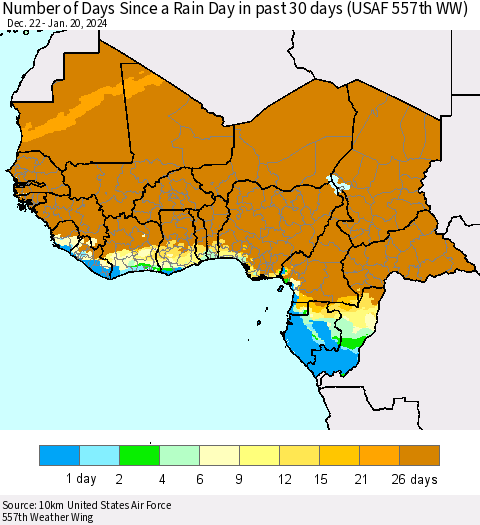 Western Africa Number of Days Since a Rain Day in past 30 days (USAF 557th WW) Thematic Map For 1/16/2024 - 1/20/2024