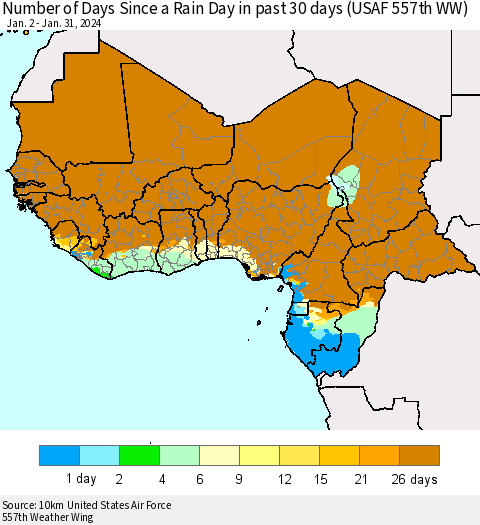 Western Africa Number of Days Since a Rain Day in past 30 days (USAF 557th WW) Thematic Map For 1/26/2024 - 1/31/2024