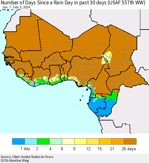 Western Africa Number of Days Since a Rain Day in past 30 days (USAF 557th WW) Thematic Map For 2/1/2024 - 2/5/2024