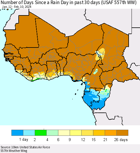 Western Africa Number of Days Since a Rain Day in past 30 days (USAF 557th WW) Thematic Map For 2/6/2024 - 2/10/2024
