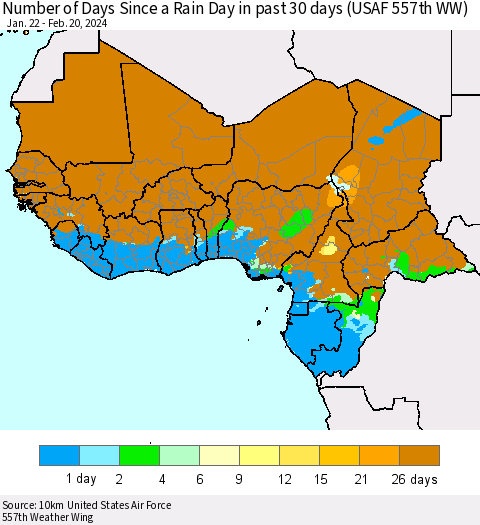 Western Africa Number of Days Since a Rain Day in past 30 days (USAF 557th WW) Thematic Map For 2/16/2024 - 2/20/2024