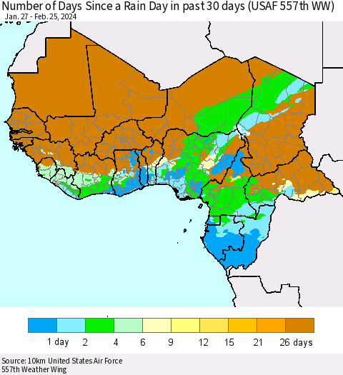 Western Africa Number of Days Since a Rain Day in past 30 days (USAF 557th WW) Thematic Map For 2/21/2024 - 2/25/2024