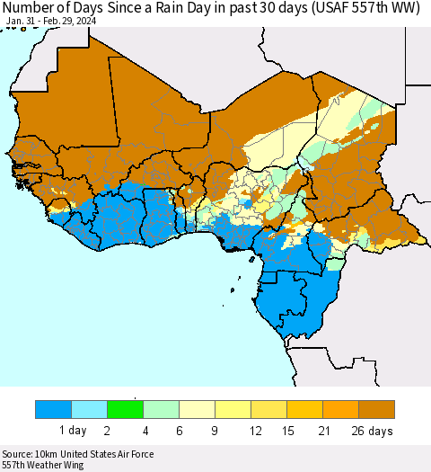 Western Africa Number of Days Since a Rain Day in past 30 days (USAF 557th WW) Thematic Map For 2/26/2024 - 2/29/2024