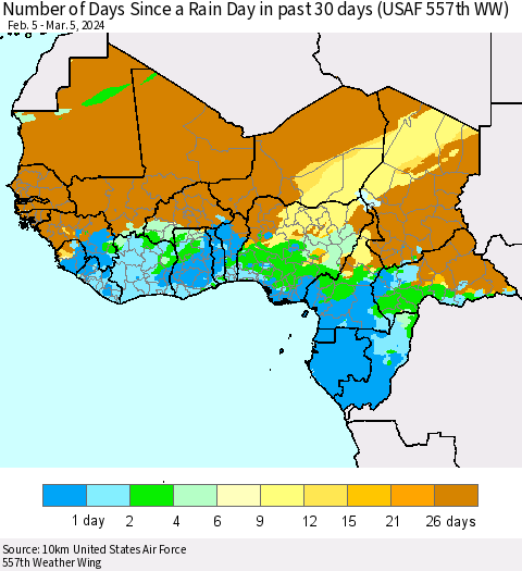 Western Africa Number of Days Since a Rain Day in past 30 days (USAF 557th WW) Thematic Map For 3/1/2024 - 3/5/2024