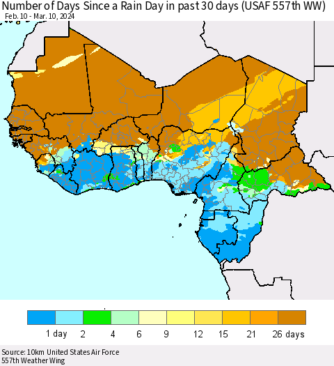 Western Africa Number of Days Since a Rain Day in past 30 days (USAF 557th WW) Thematic Map For 3/6/2024 - 3/10/2024