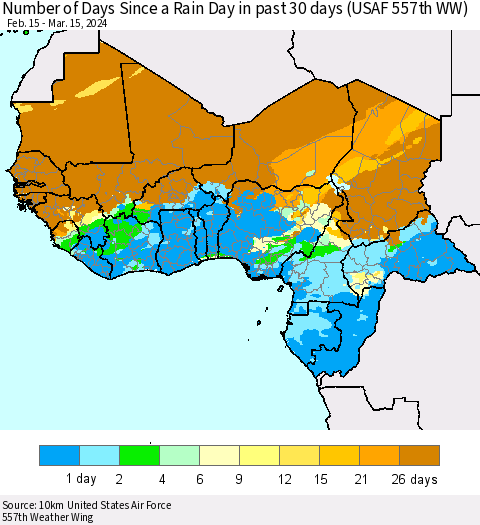 Western Africa Number of Days Since a Rain Day in past 30 days (USAF 557th WW) Thematic Map For 3/11/2024 - 3/15/2024