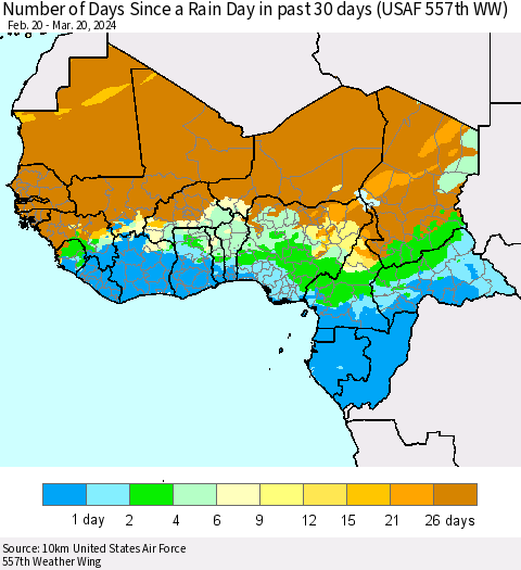 Western Africa Number of Days Since a Rain Day in past 30 days (USAF 557th WW) Thematic Map For 3/16/2024 - 3/20/2024