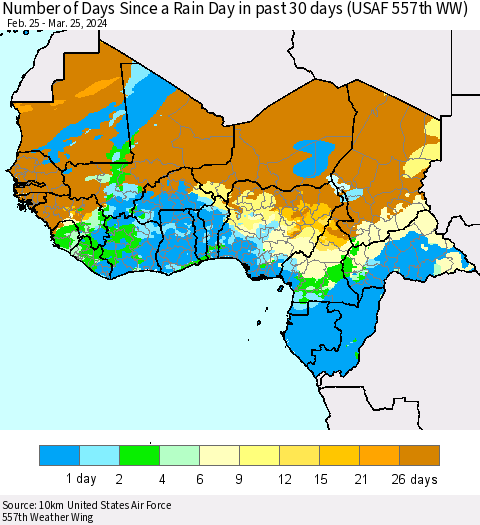 Western Africa Number of Days Since a Rain Day in past 30 days (USAF 557th WW) Thematic Map For 3/21/2024 - 3/25/2024
