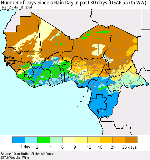 Western Africa Number of Days Since a Rain Day in past 30 days (USAF 557th WW) Thematic Map For 3/26/2024 - 3/31/2024