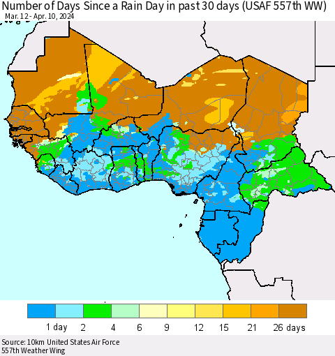 Western Africa Number of Days Since a Rain Day in past 30 days (USAF 557th WW) Thematic Map For 4/6/2024 - 4/10/2024