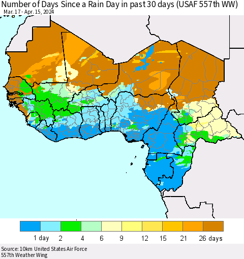 Western Africa Number of Days Since a Rain Day in past 30 days (USAF 557th WW) Thematic Map For 4/11/2024 - 4/15/2024