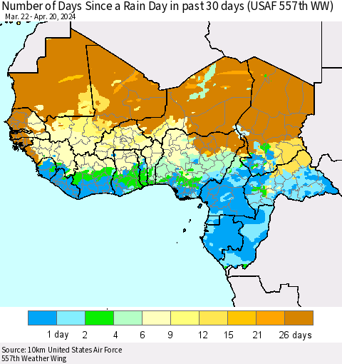 Western Africa Number of Days Since a Rain Day in past 30 days (USAF 557th WW) Thematic Map For 4/16/2024 - 4/20/2024
