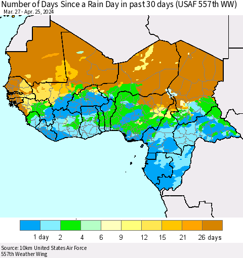 Western Africa Number of Days Since a Rain Day in past 30 days (USAF 557th WW) Thematic Map For 4/21/2024 - 4/25/2024