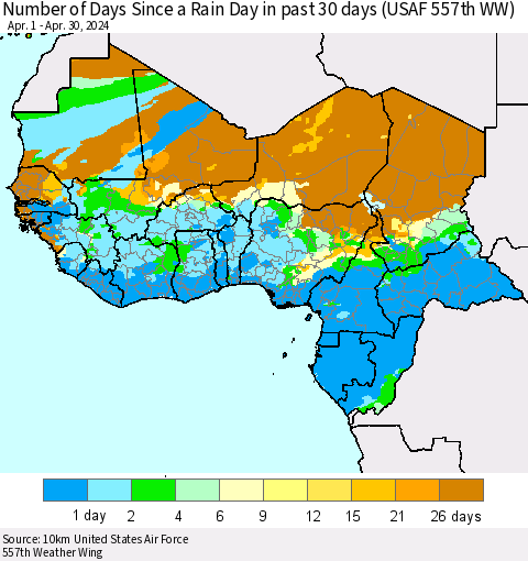 Western Africa Number of Days Since a Rain Day in past 30 days (USAF 557th WW) Thematic Map For 4/26/2024 - 4/30/2024