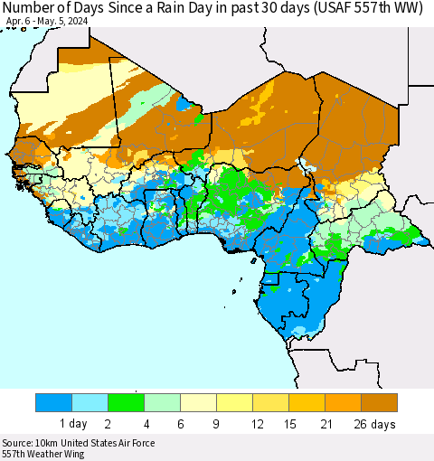 Western Africa Number of Days Since a Rain Day in past 30 days (USAF 557th WW) Thematic Map For 5/1/2024 - 5/5/2024