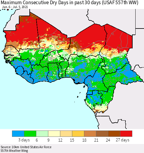 Western Africa Maximum Consecutive Dry Days in past 30 days (USAF 557th WW) 07/05/2021 Thematic Map For 7/1/2021 - 7/5/2021