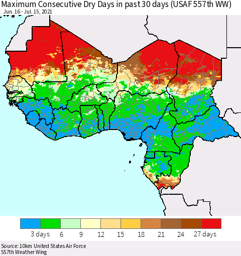 Western Africa Maximum Consecutive Dry Days in past 30 days (USAF 557th WW) Thematic Map For 7/11/2021 - 7/15/2021