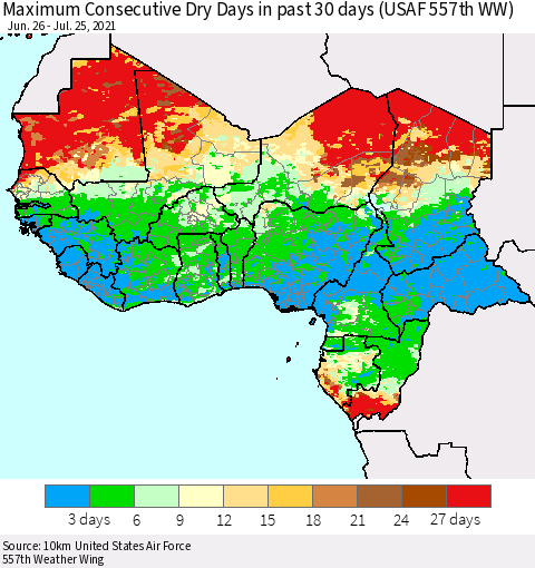 Western Africa Maximum Consecutive Dry Days in past 30 days (USAF 557th WW) Thematic Map For 7/21/2021 - 7/25/2021