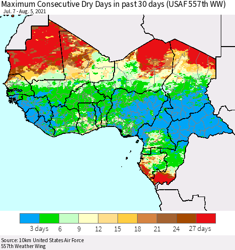 Western Africa Maximum Consecutive Dry Days in past 30 days (USAF 557th WW) 08/05/2021 Thematic Map For 8/1/2021 - 8/5/2021