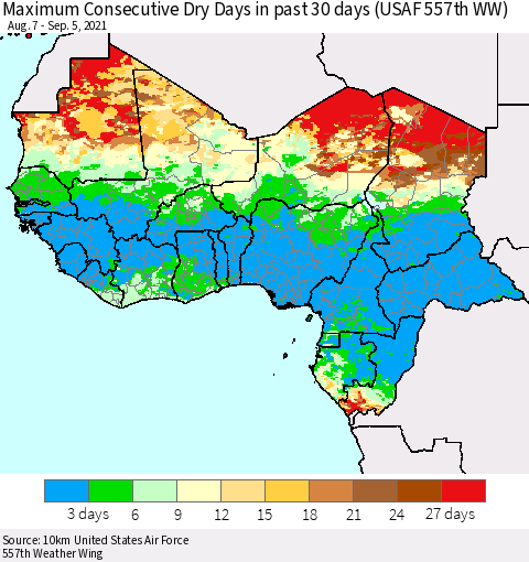 Western Africa Maximum Consecutive Dry Days in past 30 days (USAF 557th WW) 09/05/2021 Thematic Map For 9/1/2021 - 9/5/2021