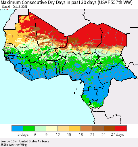 Western Africa Maximum Consecutive Dry Days in past 30 days (USAF 557th WW) 10/05/2021 Thematic Map For 10/1/2021 - 10/5/2021