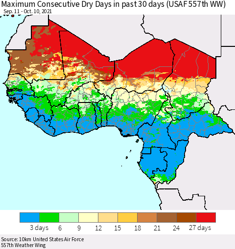 Western Africa Maximum Consecutive Dry Days in past 30 days (USAF 557th WW) 10/10/2021 Thematic Map For 10/6/2021 - 10/10/2021