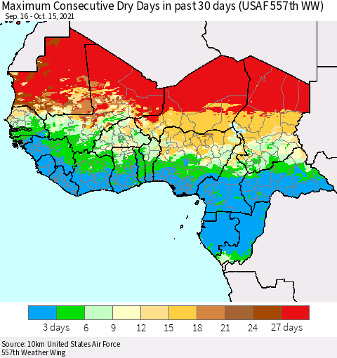 Western Africa Maximum Consecutive Dry Days in past 30 days (USAF 557th WW) 10/15/2021 Thematic Map For 10/11/2021 - 10/15/2021