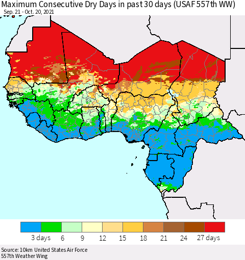 Western Africa Maximum Consecutive Dry Days in past 30 days (USAF 557th WW) Thematic Map For 10/16/2021 - 10/20/2021