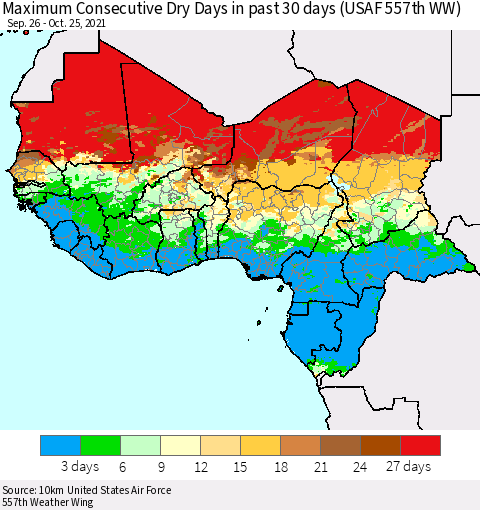 Western Africa Maximum Consecutive Dry Days in past 30 days (USAF 557th WW) 10/25/2021 Thematic Map For 10/21/2021 - 10/25/2021