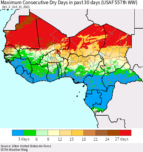 Western Africa Maximum Consecutive Dry Days in past 30 days (USAF 557th WW) 10/31/2021 Thematic Map For 10/26/2021 - 10/31/2021
