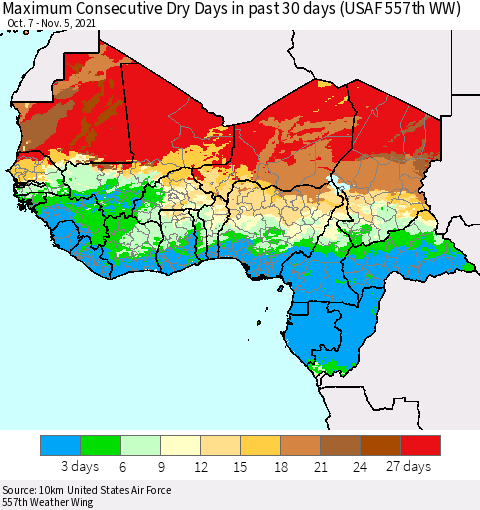 Western Africa Maximum Consecutive Dry Days in past 30 days (USAF 557th WW) 11/05/2021 Thematic Map For 11/1/2021 - 11/5/2021