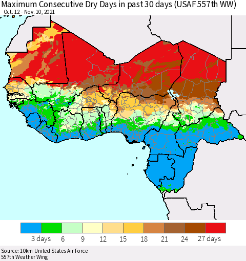 Western Africa Maximum Consecutive Dry Days in past 30 days (USAF 557th WW) 11/10/2021 Thematic Map For 11/6/2021 - 11/10/2021