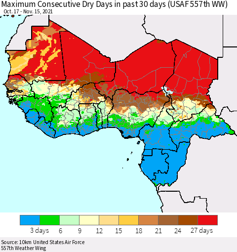 Western Africa Maximum Consecutive Dry Days in past 30 days (USAF 557th WW) 11/15/2021 Thematic Map For 11/11/2021 - 11/15/2021