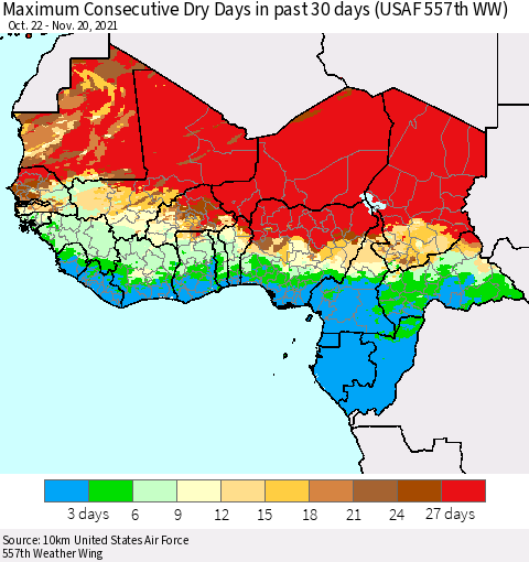 Western Africa Maximum Consecutive Dry Days in past 30 days (USAF 557th WW) 11/20/2021 Thematic Map For 11/16/2021 - 11/20/2021