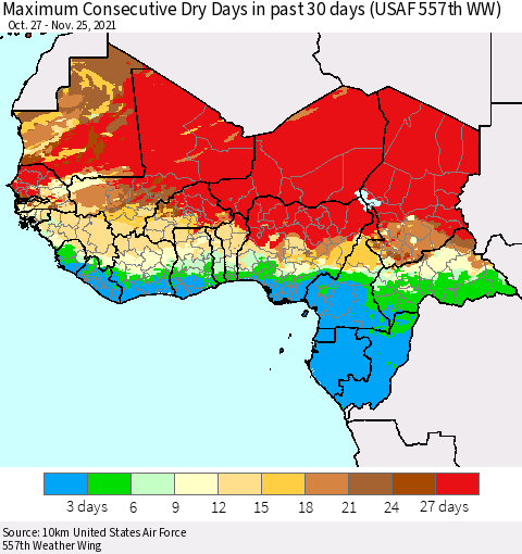 Western Africa Maximum Consecutive Dry Days in past 30 days (USAF 557th WW) 11/25/2021 Thematic Map For 11/21/2021 - 11/25/2021
