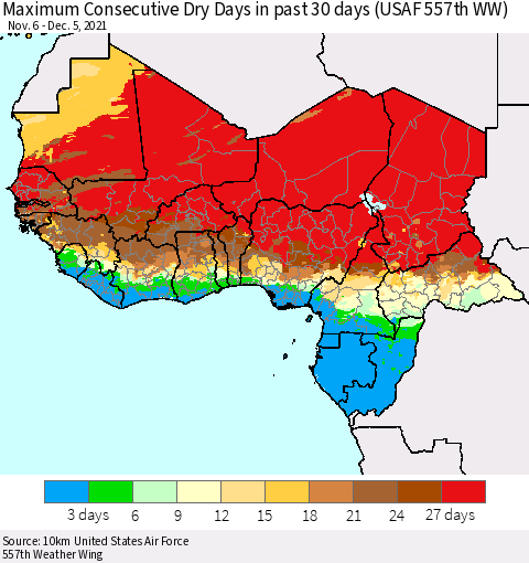Western Africa Maximum Consecutive Dry Days in past 30 days (USAF 557th WW) 12/05/2021 Thematic Map For 12/1/2021 - 12/5/2021