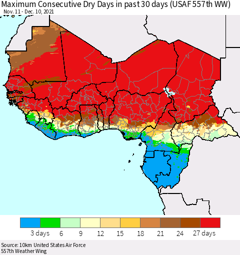 Western Africa Maximum Consecutive Dry Days in past 30 days (USAF 557th WW) 12/10/2021 Thematic Map For 12/6/2021 - 12/10/2021