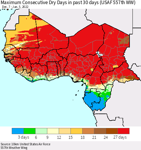 Western Africa Maximum Consecutive Dry Days in past 30 days (USAF 557th WW) 01/05/2022 Thematic Map For 1/1/2022 - 1/5/2022