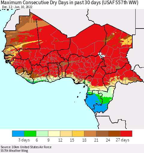 Western Africa Maximum Consecutive Dry Days in past 30 days (USAF 557th WW) 01/10/2022 Thematic Map For 1/6/2022 - 1/10/2022