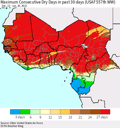 Western Africa Maximum Consecutive Dry Days in past 30 days (USAF 557th WW) 01/20/2022 Thematic Map For 1/16/2022 - 1/20/2022