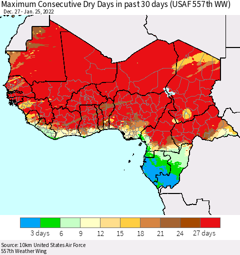 Western Africa Maximum Consecutive Dry Days in past 30 days (USAF 557th WW) 01/25/2022 Thematic Map For 1/21/2022 - 1/25/2022
