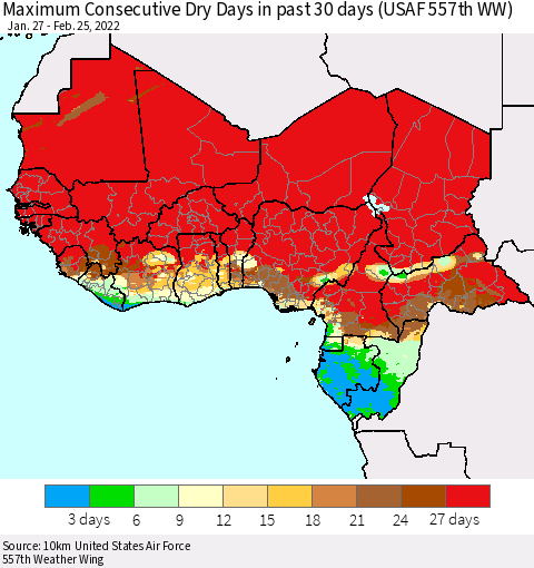 Western Africa Maximum Consecutive Dry Days in past 30 days (USAF 557th WW) Thematic Map For 2/21/2022 - 2/25/2022
