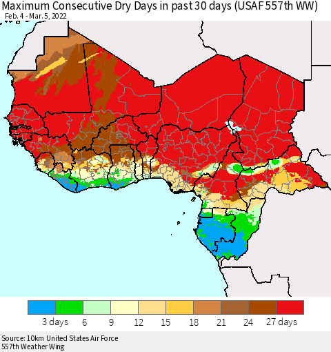 Western Africa Maximum Consecutive Dry Days in past 30 days (USAF 557th WW) 03/05/2022 Thematic Map For 3/1/2022 - 3/5/2022