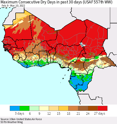 Western Africa Maximum Consecutive Dry Days in past 30 days (USAF 557th WW) 03/10/2022 Thematic Map For 3/6/2022 - 3/10/2022